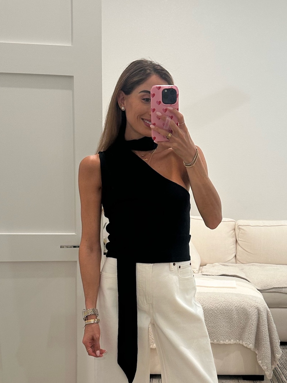 One-Shoulder Black knit top with long scarf